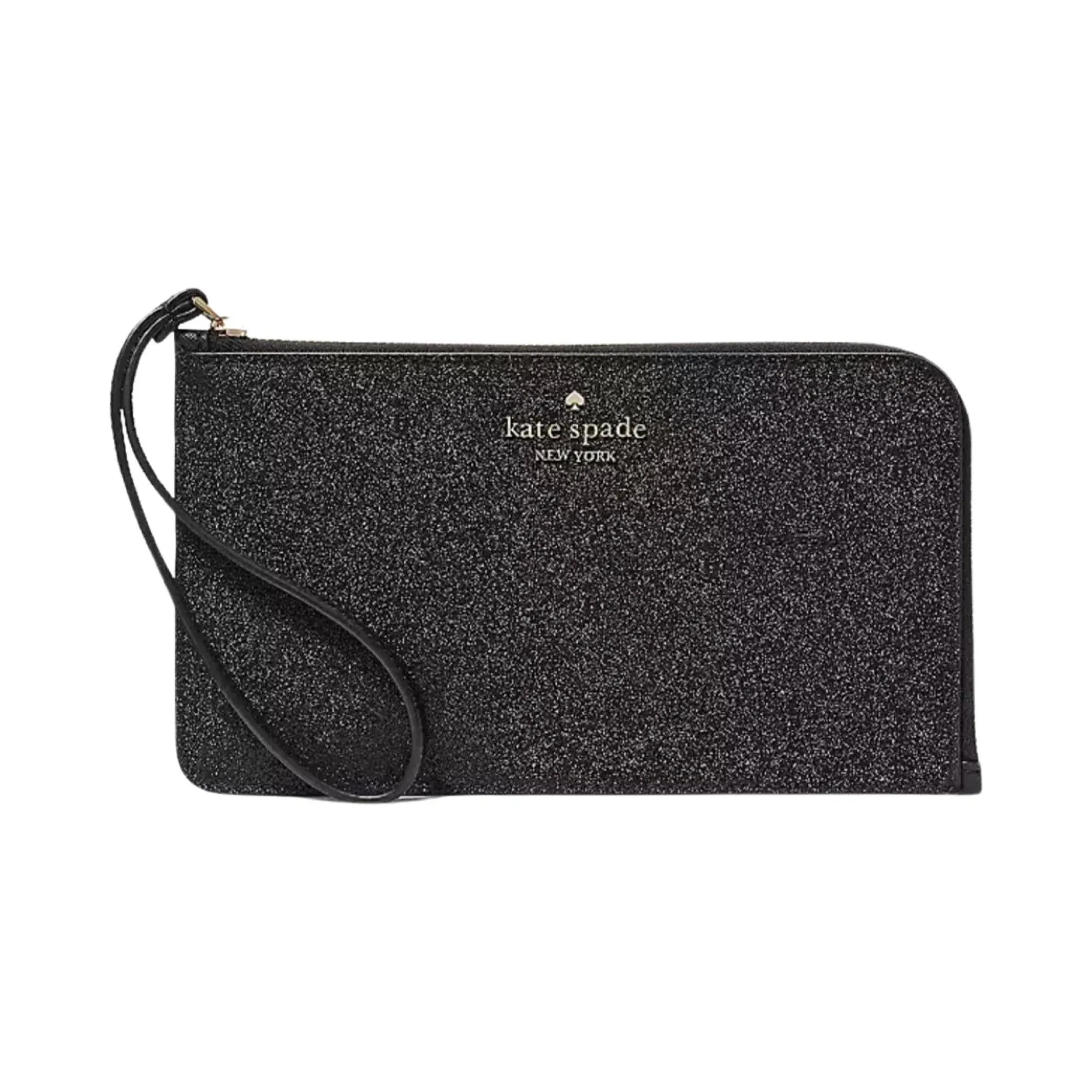 Kate Spade NWT Lucy Glitter Medium L-Zip Wristlet Color Black