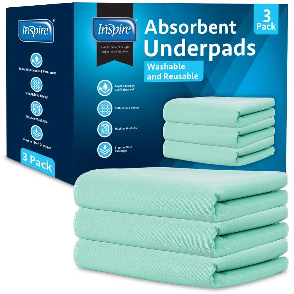 Inspire Washable and Reusable Incontinence Chair or Bed Pads | 3 Pack Waterproof Mattress Pad Chucks Pads | Reusable Bed Pads Washable Waterproof Chux Pads | Pee Pads for Adults Use As Pet Pad