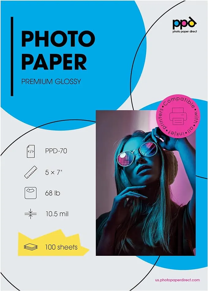 PPD Inkjet Premium Photo Paper Glossy 68lb. 255gsm 10.5mil 5 x 7"