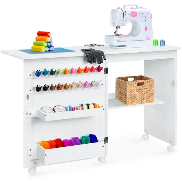 Best Choice Products Sewing Machine Table & Desk w/ Craft Storage and Bins - White