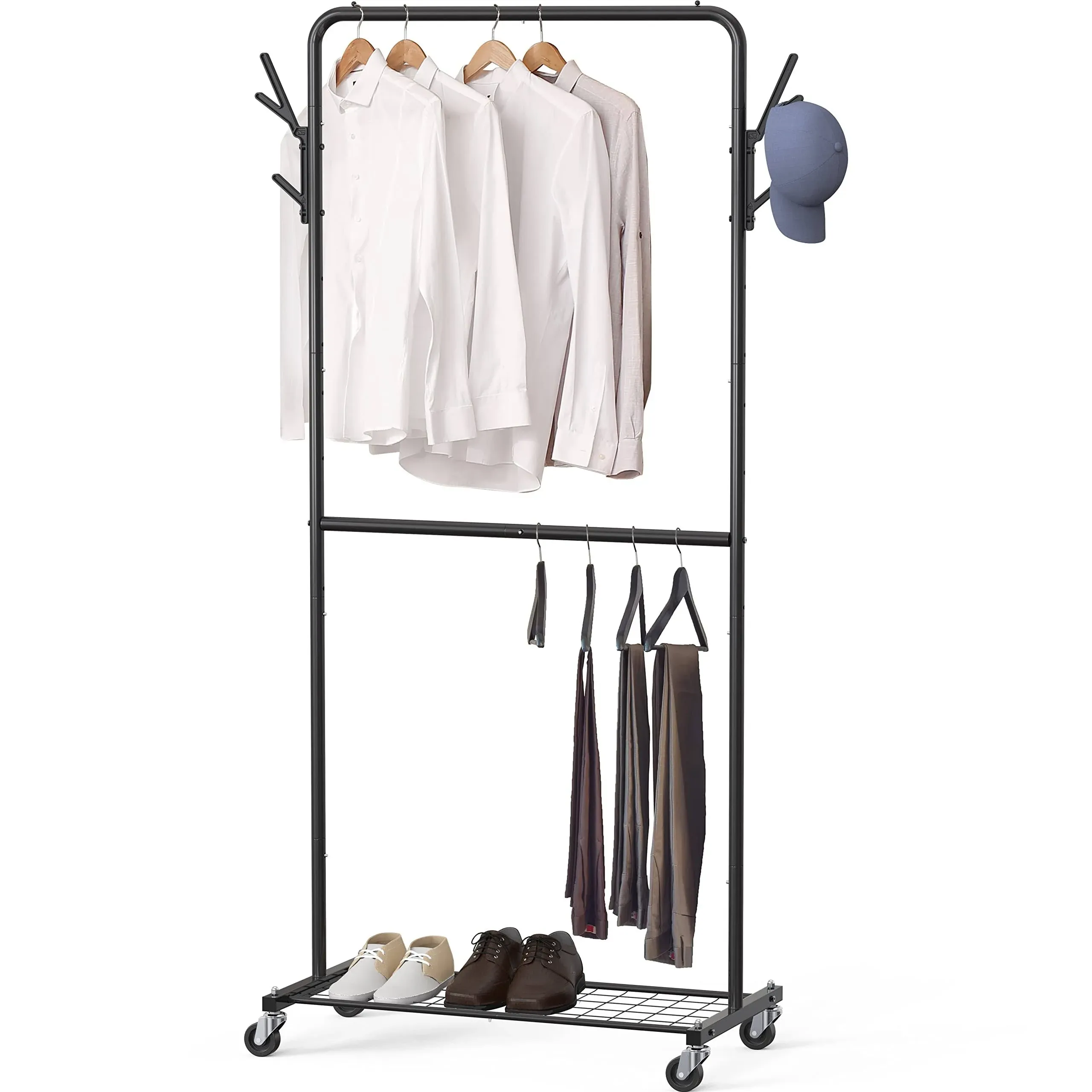 Classic Free-Standing Black Metal Garment Rack with Bottom Shelf &amp; Side Hooks