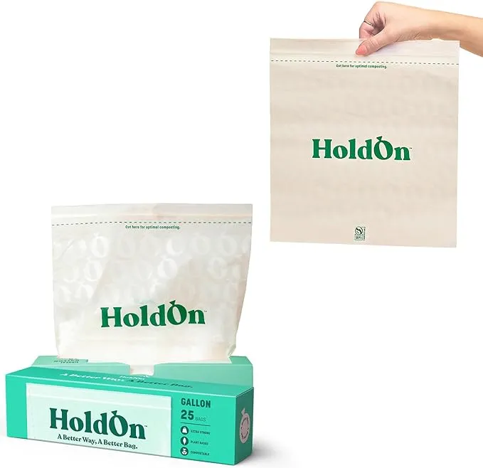 HoldOn Zipseal Gallon Bags - Plant-Based, Food-Safe, and BPA-Free Zip Seal Bags - Food Storage Bags with Secure Seal for Home & Travel Storage (2-pack, 50 bags total)