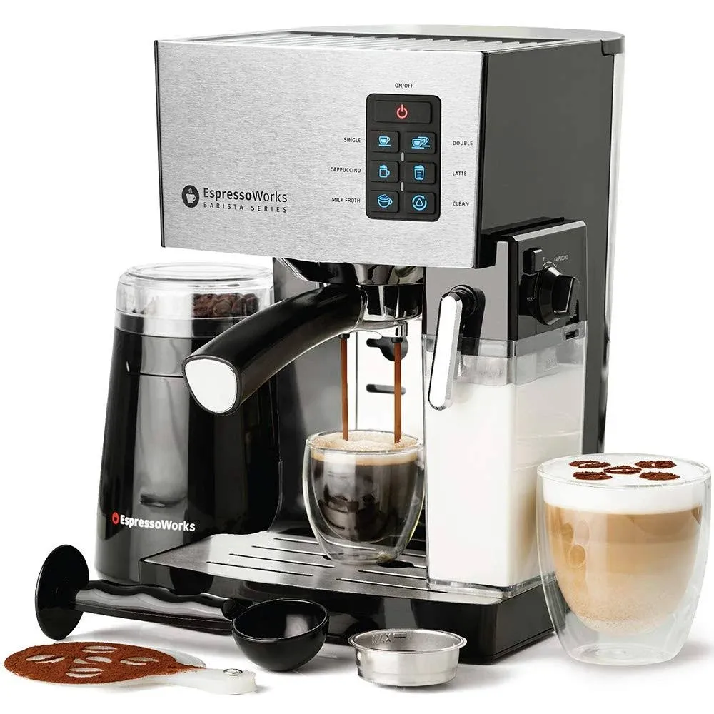 Espresso Machine, Latte & Cappuccino Maker- 10 PC All-in-One Espresso Maker with Milk Steamer (Incl: Coffee Bean Grinder