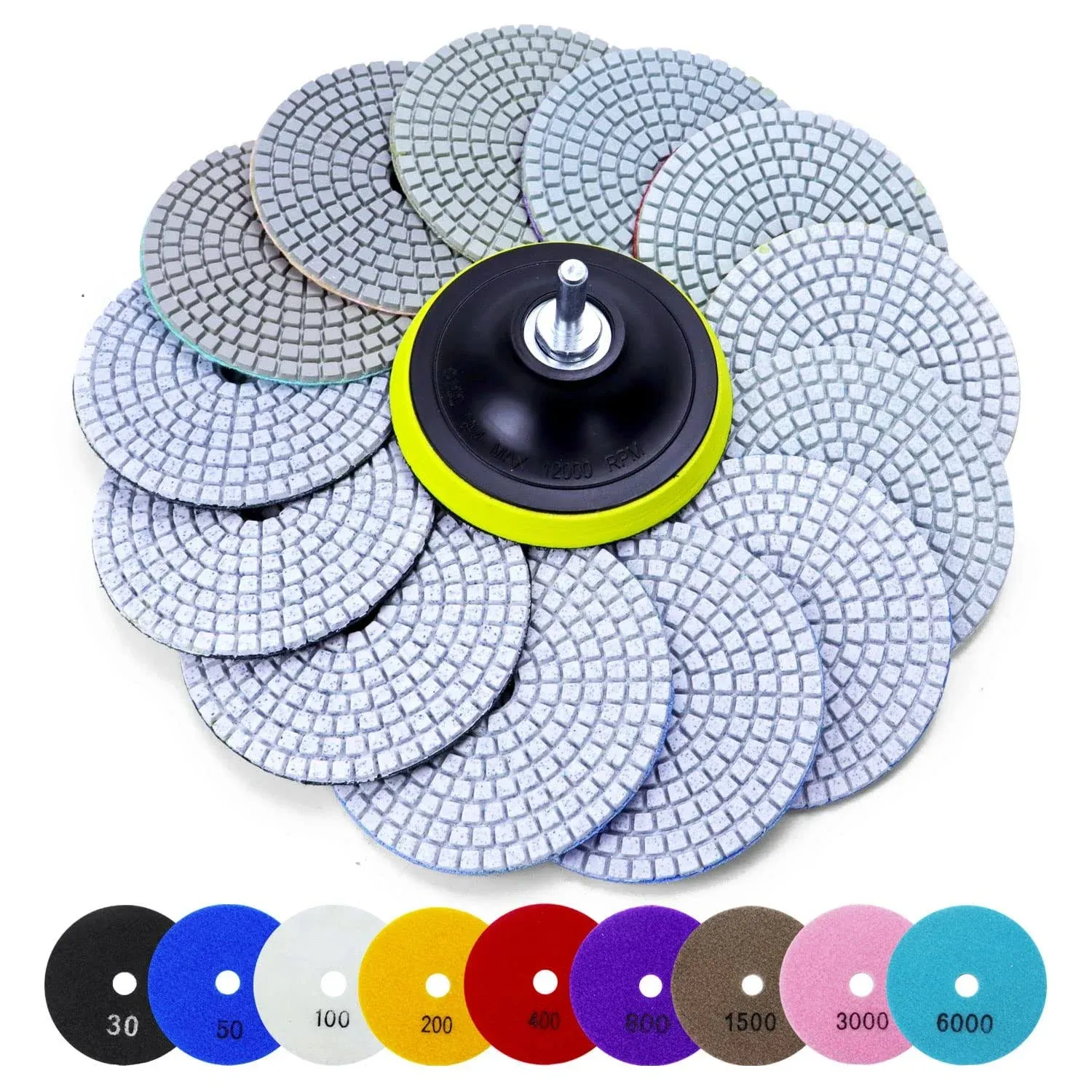 16pcs Wet Dry Diamond Sanding Pads Kit 4 inch Diamond Polishing Pad 30-6000 Grit with 5/8''-11 Thread Backer Plate for Concrete Marble Quartz Granite