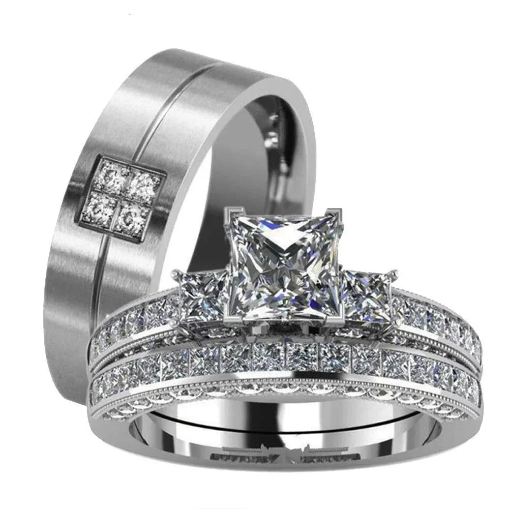 LOVERSRING Couple Ring Bridal Set His Hers White Gold Plated CZ Stainless Steel ...