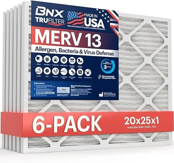 BNX TruFilter 16x25x4 (15 1/2’’ x 24 1/2’’ x 3 5/8‘’) MERV 13 Air Filter (SlimFit) (2-Pack)- MADE IN USA- HVAC AC Furnace Filters for Health, Allergies, Pollen, Mold, Bacteria, Smoke, MPR 1900 FPR 10