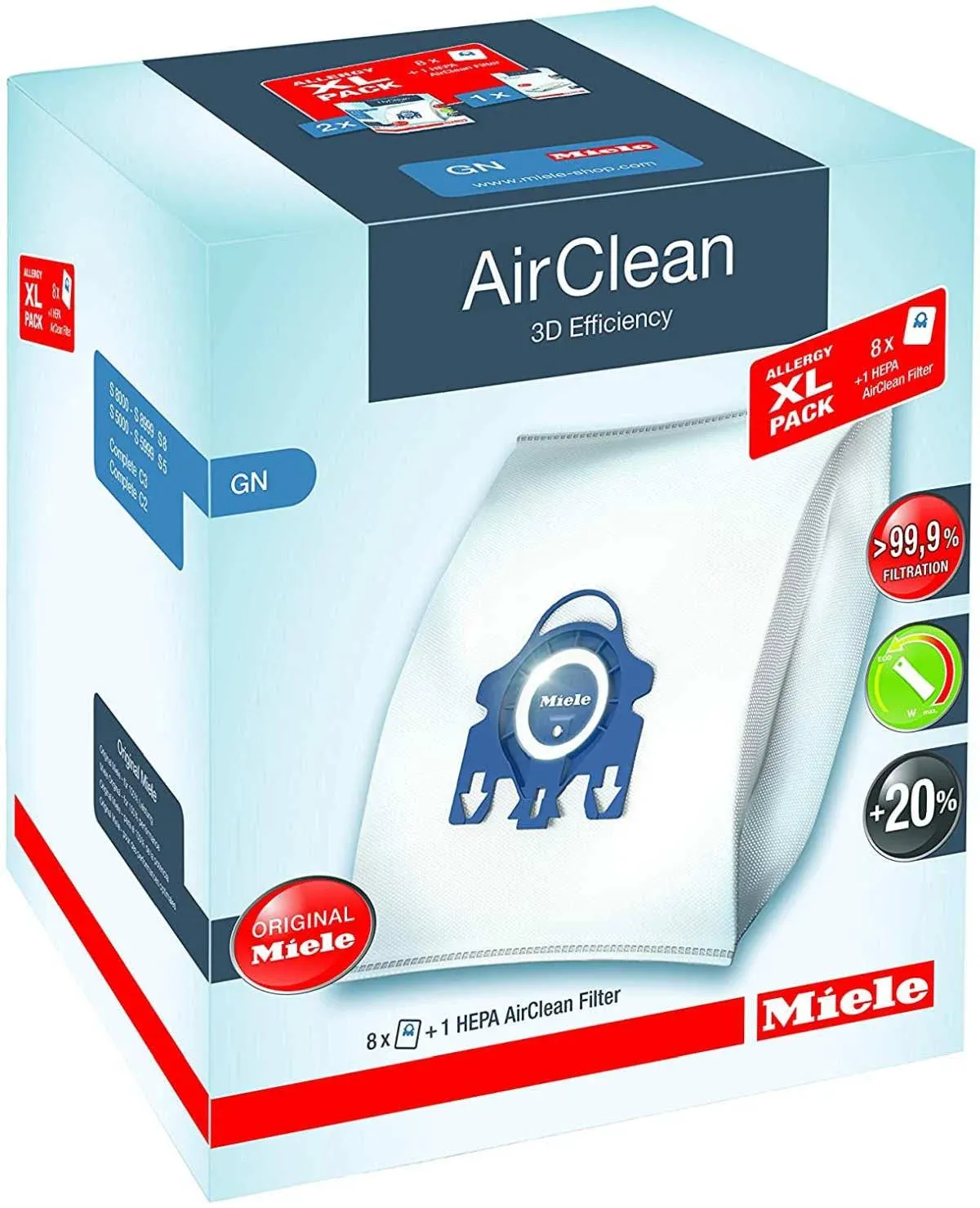 Miele XL-Pack AirClean 3D Efficiency GN 8 Bags and 1 SF-HA 50 HEPA Filter.