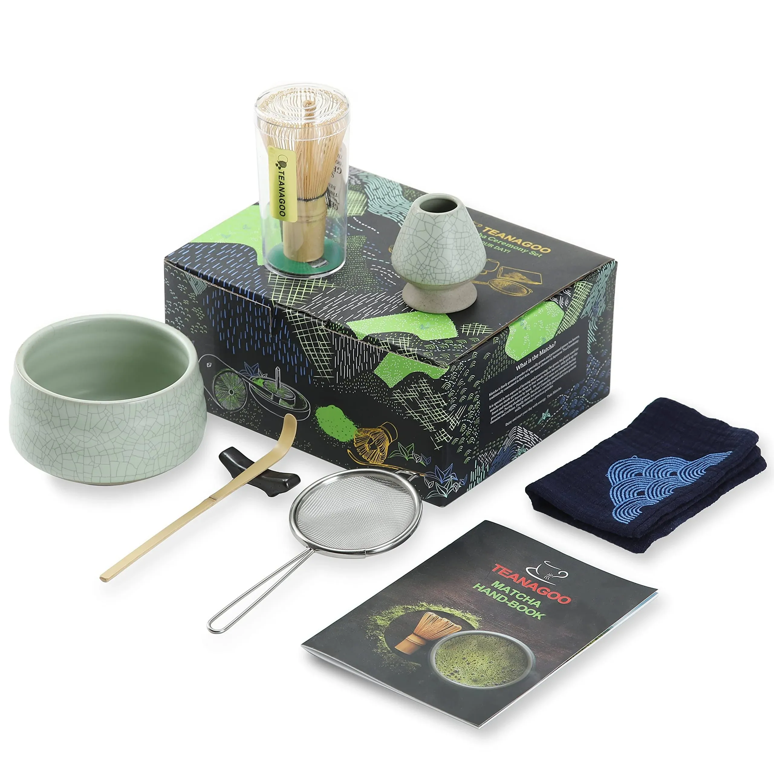 TEANAGOO Japanese Tea Set, Matcha Whisk Set, Matcha Bowl Bamboo Matcha Whisk (Chasen), Scoop (chashaku), Matcha Whisk Holder, Tea Making Kit. MSB-6, Matcha Green Tea Powder Kit. Matcha Tea Kit