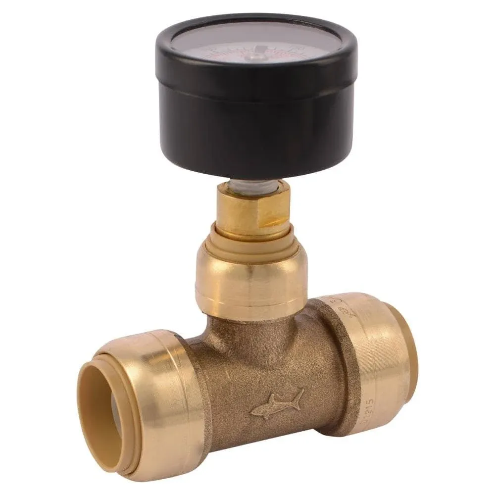 SharkBite 3/4 in. Push-to-Connec<wbr/>t Brass Tee with Water Pressure Gauge