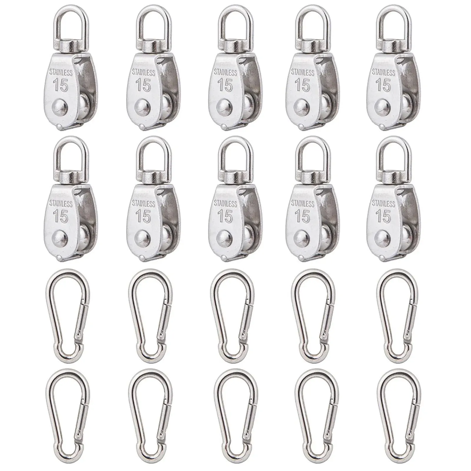 Cadbibe 10pcs 304 Stainless Steel M15 Single Pulley Block Wire Rope Hanging Wire Towing Wheel with 10pcs Spring Snap Hook, M15-10pcs