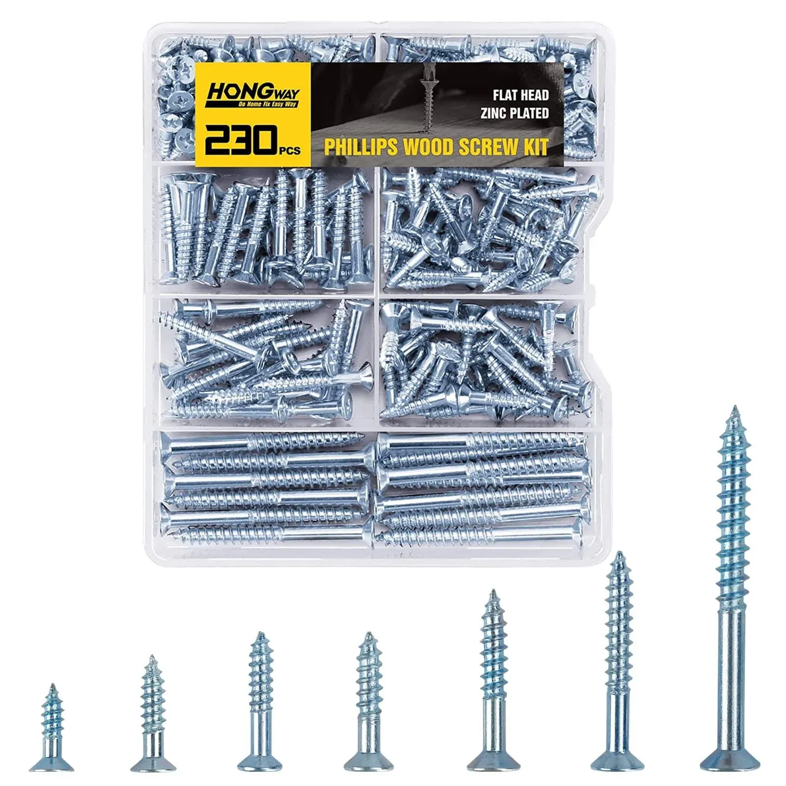 HongWay 230pcs Wood Screws Assortment Kit, Flat Head Wood Screws Set, Zinc Plated ...