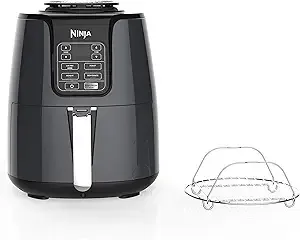 Ninja Air Fryer, 1550-Watt Programmable Base for Air Frying, Roasting, Reheating & Dehydrating with 4-Quart Ceramic Coated Basket (AF101), Black/Gray (Renewed)