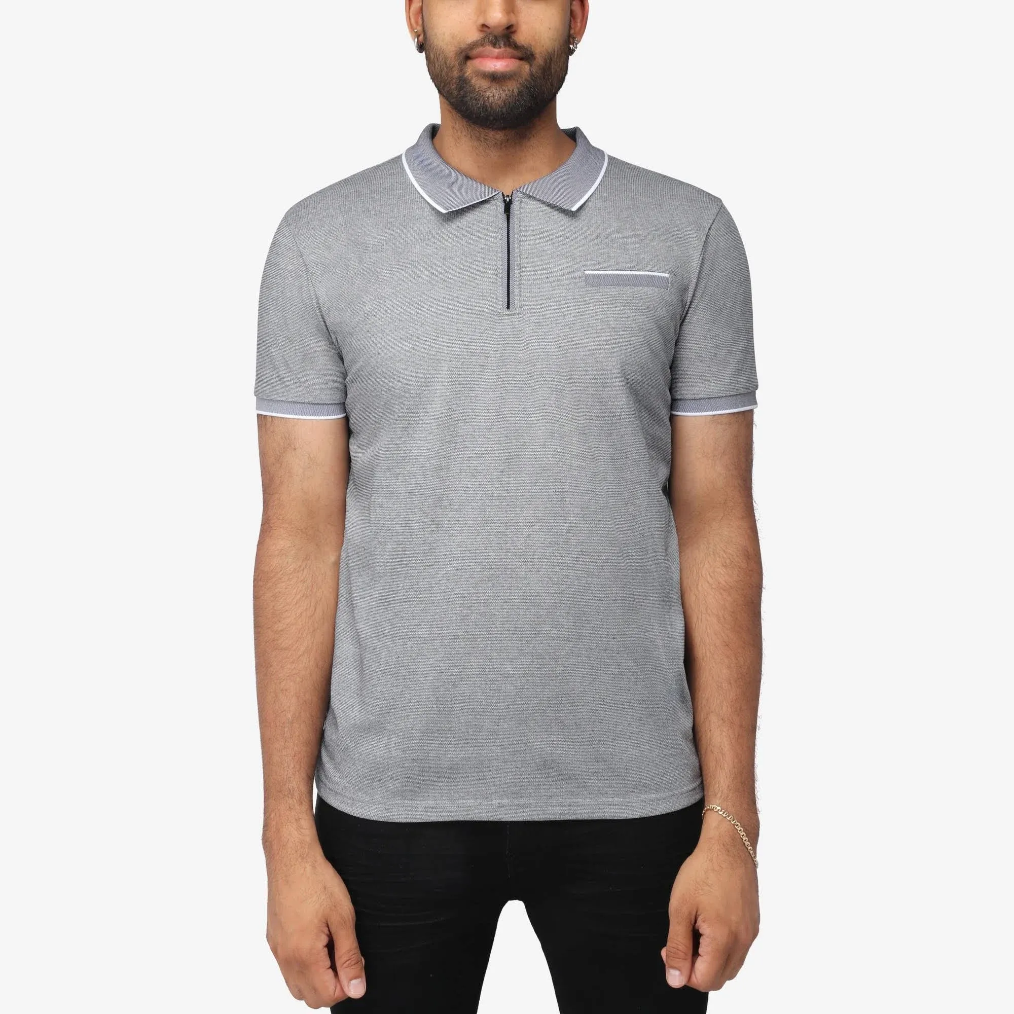 x Ray Men's Short Sleeve Zip-Neck Polo in Grey/Black Size Small