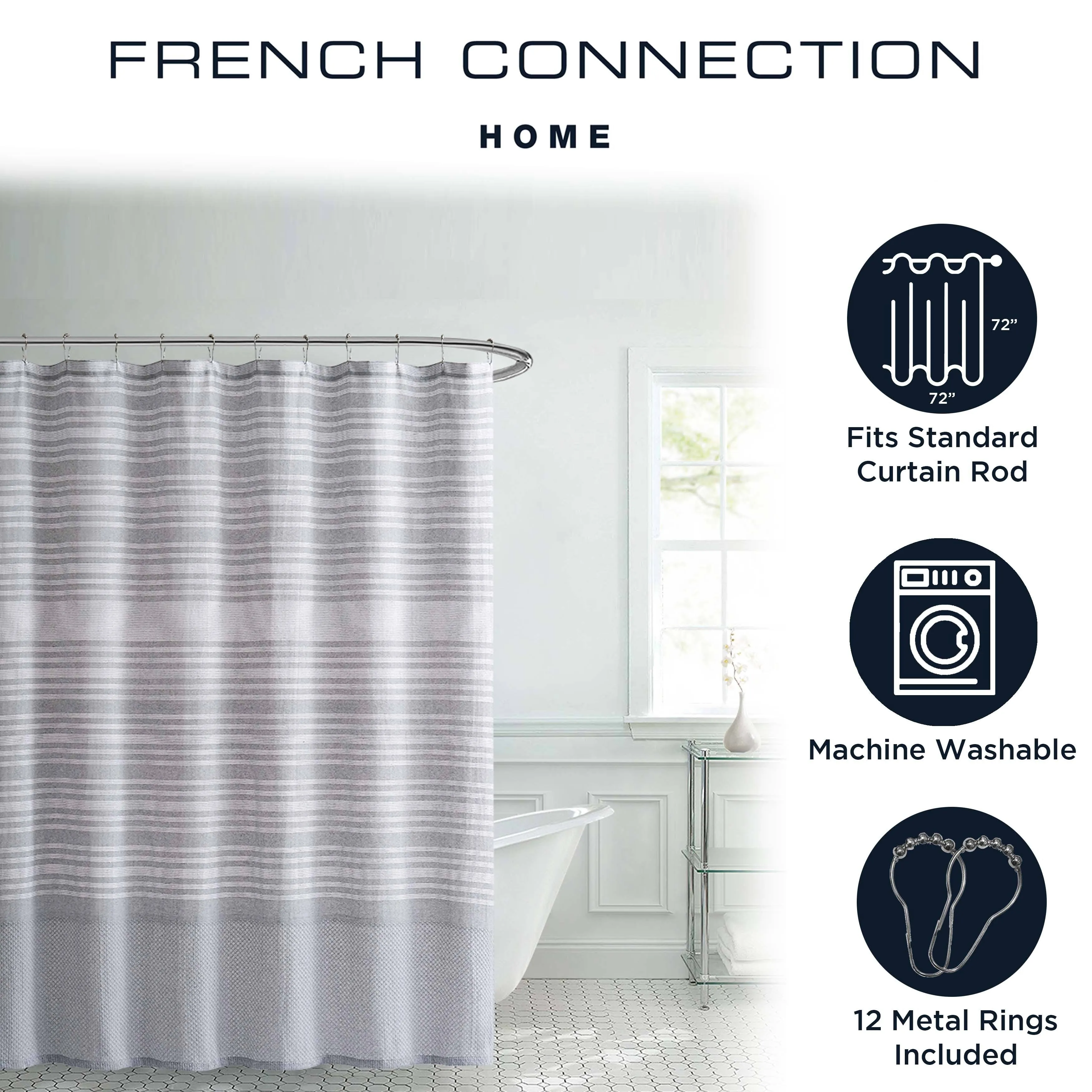 French Connection Medium Grey Cotton Blend 13 Piece Shower Curtain Set 72x72