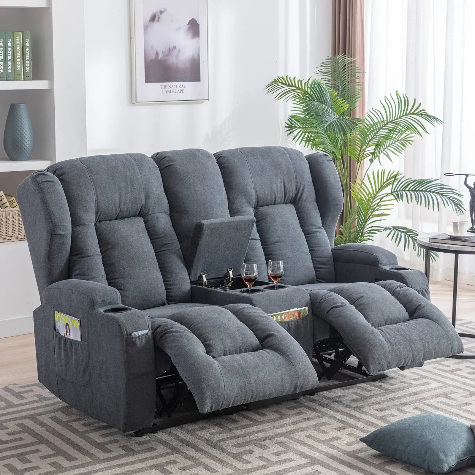 SAMERY 67' RV Loveseat Recliner | Double Recliner RV Sofa & Console | Wall Hugger ...