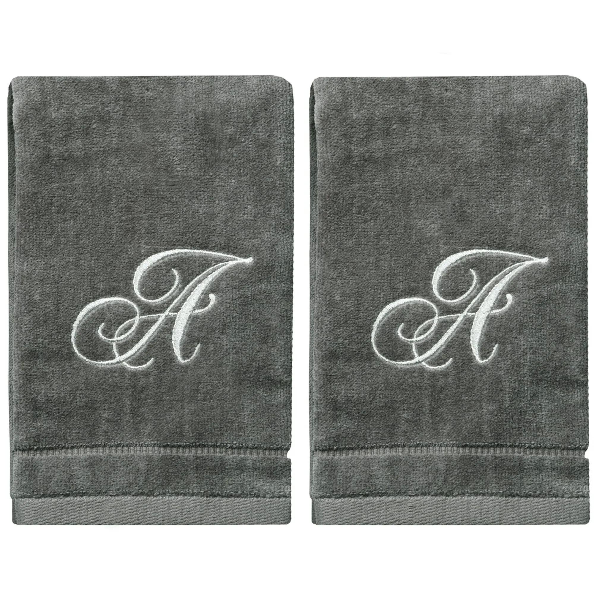 Creative Scents Soft Velour Silver Monogrammed Towels Fingertip - Set of 2 - A