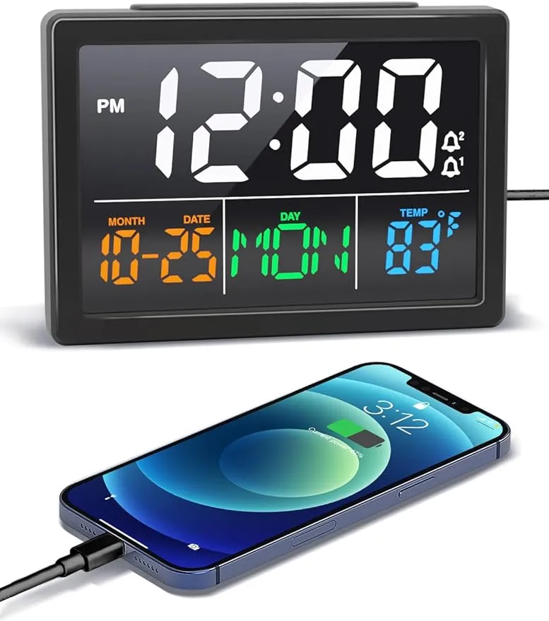 Digital Alarm Clock w/USB Charger 5.5 inch Digital Clock Larger Numbers Display LED Alarm Clock & Date with Temperature,12/24H,Snooze,6 Adjustable