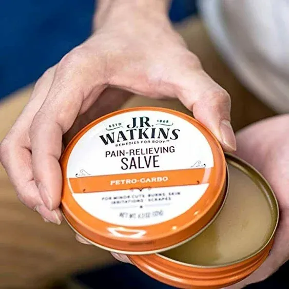J.R. Watkins First Aid Salve, Petro Carbo, Medicated Balm for Pain Relief, Minor Cuts, Scrapes, Burns, Bites, and Skin Irritations, USA Made and Cruelty Free, 4.38oz Tin, Single