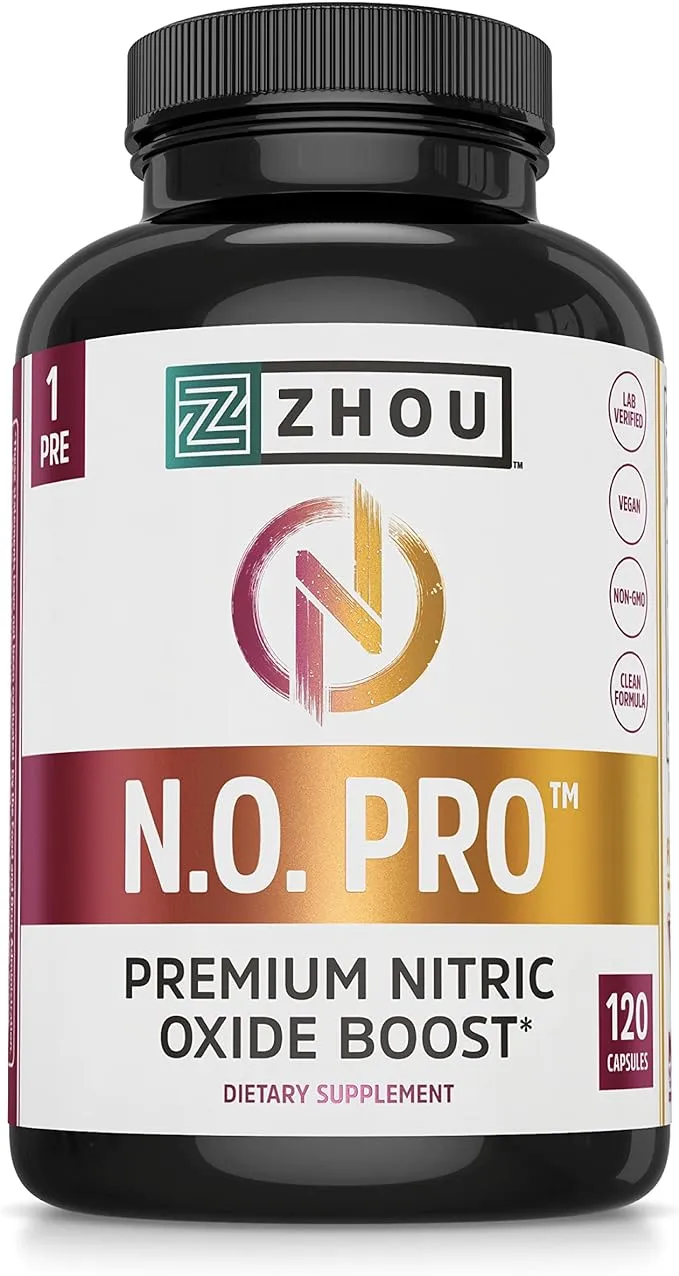Zhou Nitric Oxide with L Arginine, Citrulline Malate, AAKG and Beet Root | Powerful N.O. Booster and Muscle Builder for Strength, Blood Flow and Endurance | 30 Servings, 120 Veggie Caps