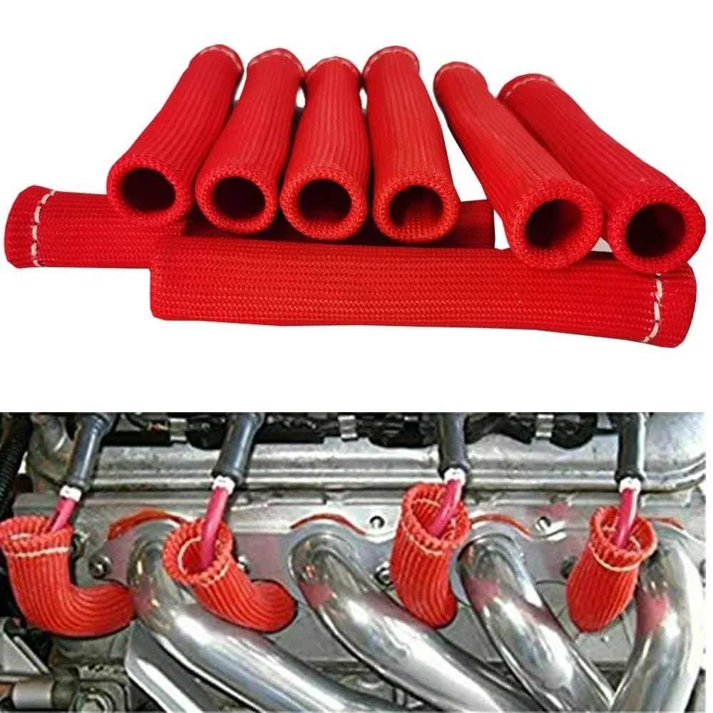 Spark Plug Wire Boots Thermal Protection Insulator Sleeve, 1200 Degree Heat shield Cover Wrap 6 inch for Car Truck 8PCS(red)