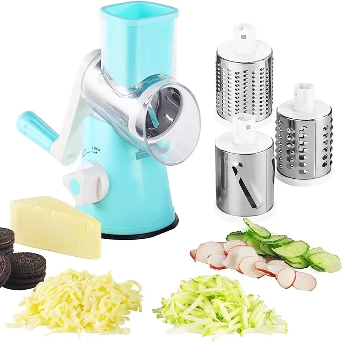 EDEFISY Cheese Grater - 3-in-1 Stainless Steel Cheese Shredder Rotary Graters for Kitchen, Food Shredder for Cheese, Nuts, Chocolate, Blue