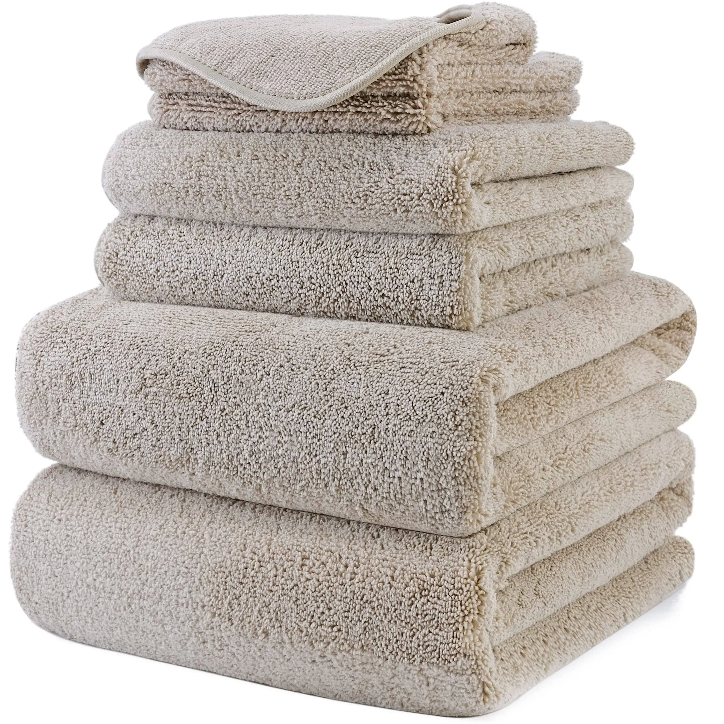 POLYTE Oversize, 60 x 30 in., Quick Dry Lint Free Microfiber Bath Towel Set, 6 Piece (Beige)