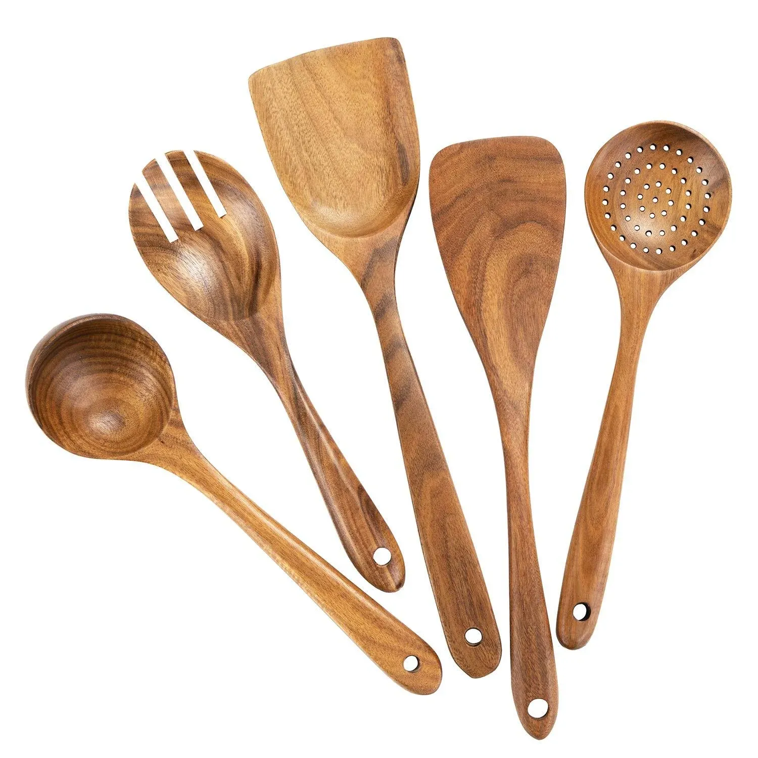 AIUHI Wooden Spoons for Cooking Teak Wooden Utensils Set Wood Spatula for Nonstick Cookware Kitchen Utensils Set 5