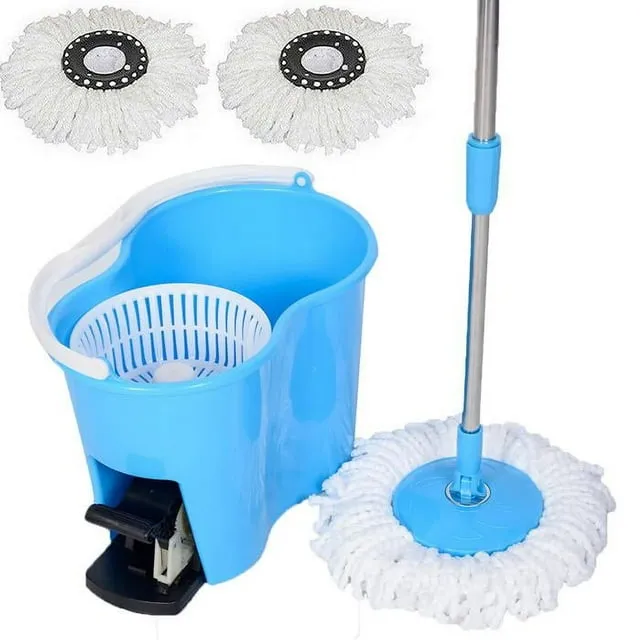 Felji Microfiber Spin Mop Easy Floor with Bucket & 2 Mop Heads 360 Rotating Head, Blue