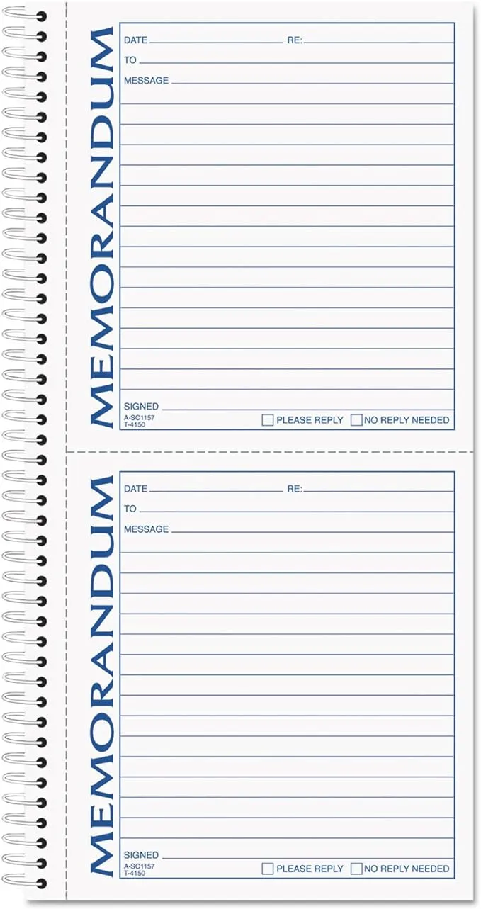 TOPS Memorandum Forms Book, 2-Part, Carbonless, 2 Memos per Page, 100 Sets per Book (4150)