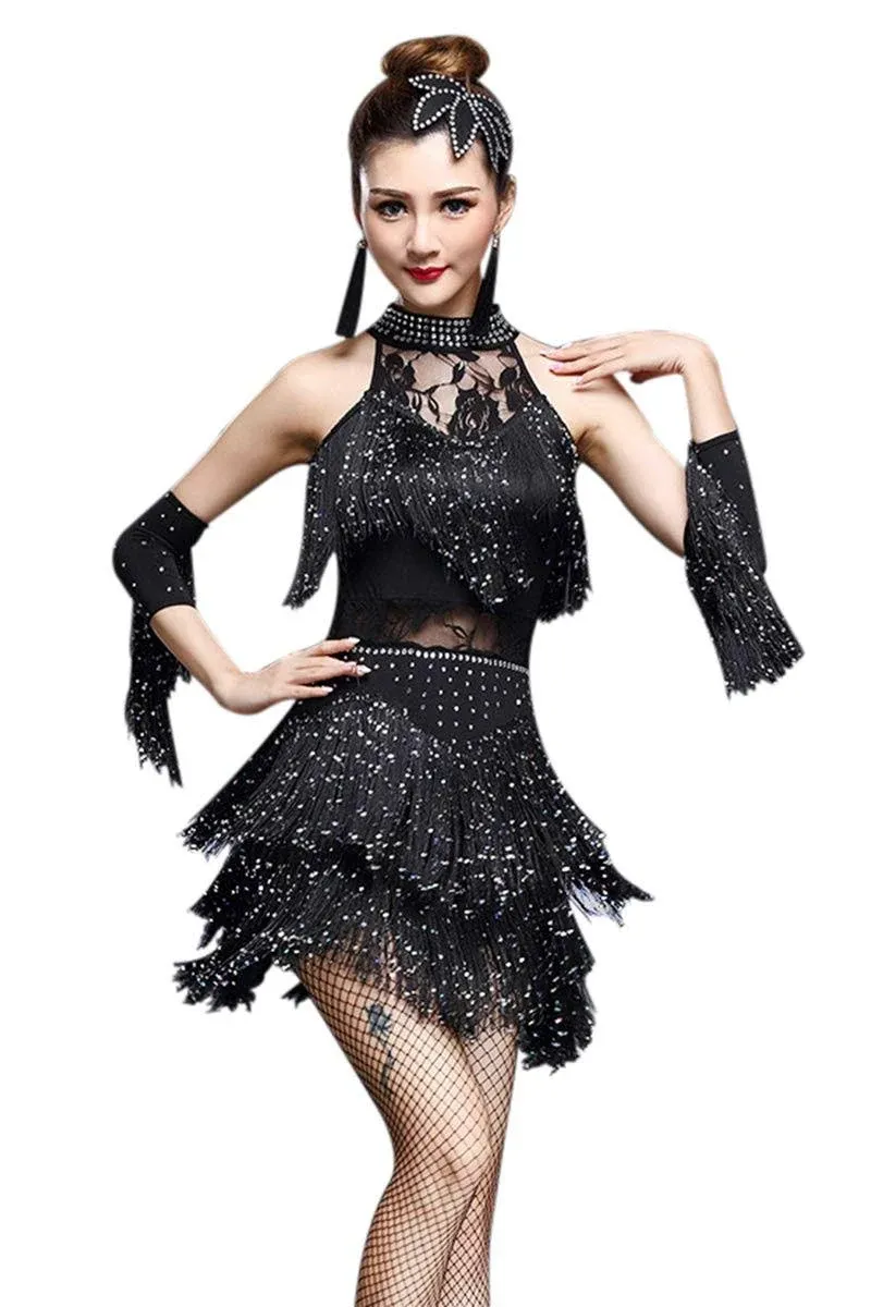 ZX Women's Rhinestone Tassel Flapper Latin Rumba Dance Dress 4 Pieces Outfits ...