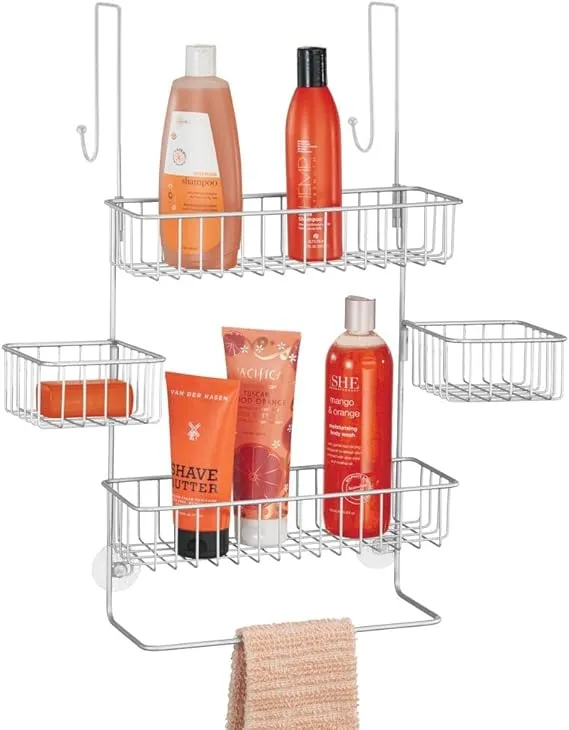 mDesign Steel Over the Door Shower Caddy - Hanging Shower Organizer Rack w/ 4 Baskets, 2 Hooks - In-Shower Hanging Caddy for Bathroom - Over Door Shower Caddy Hanger - Klypon Collection - Bronze