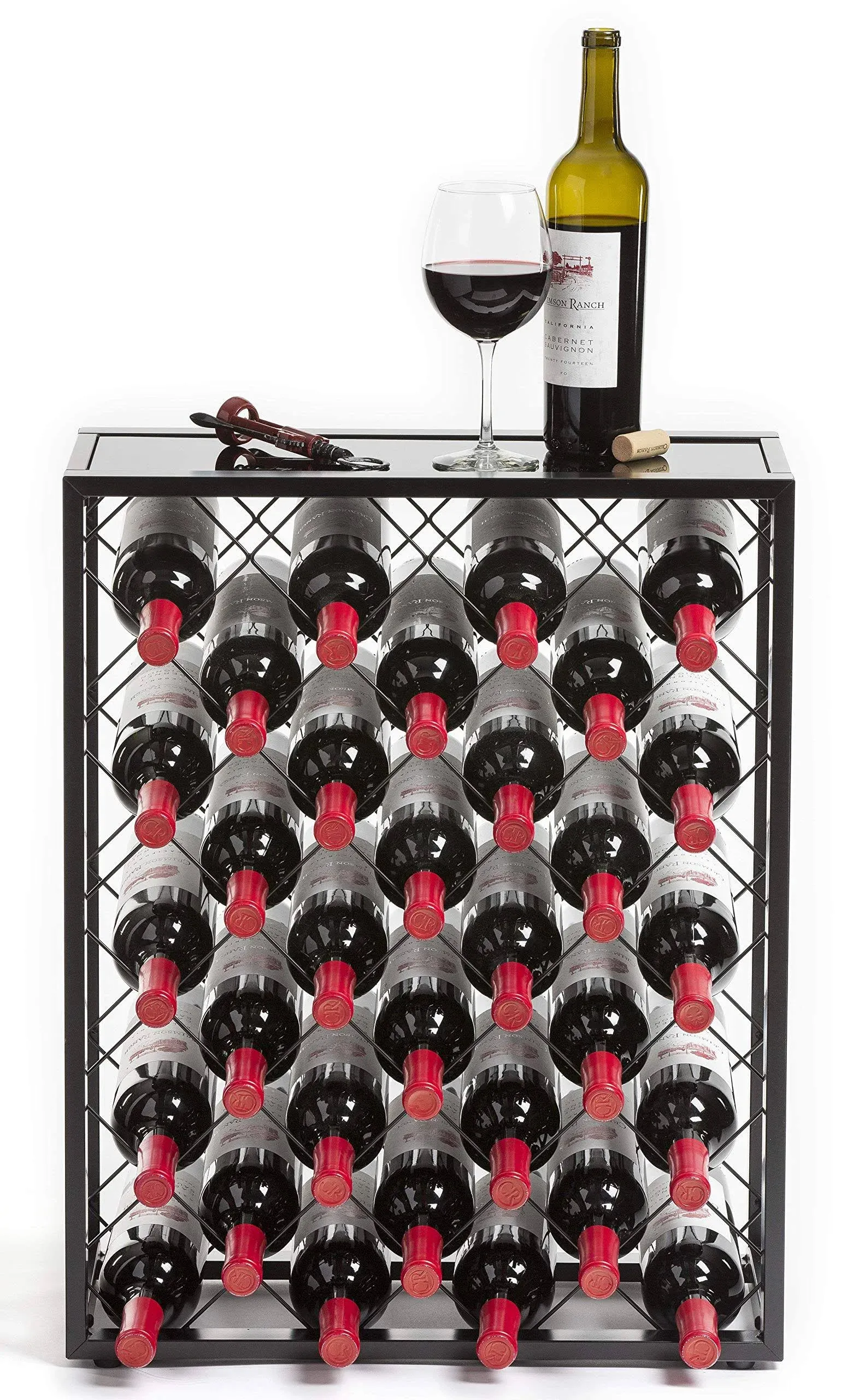 Mango Steam 32 Bottle Gray Wine Rack with Glass Top Shelf, Free Standing for Home, Kitchen and Bar