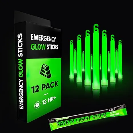 Emergency Glow Sticks with 12 Hours Duration, Individually 12 Pack Green