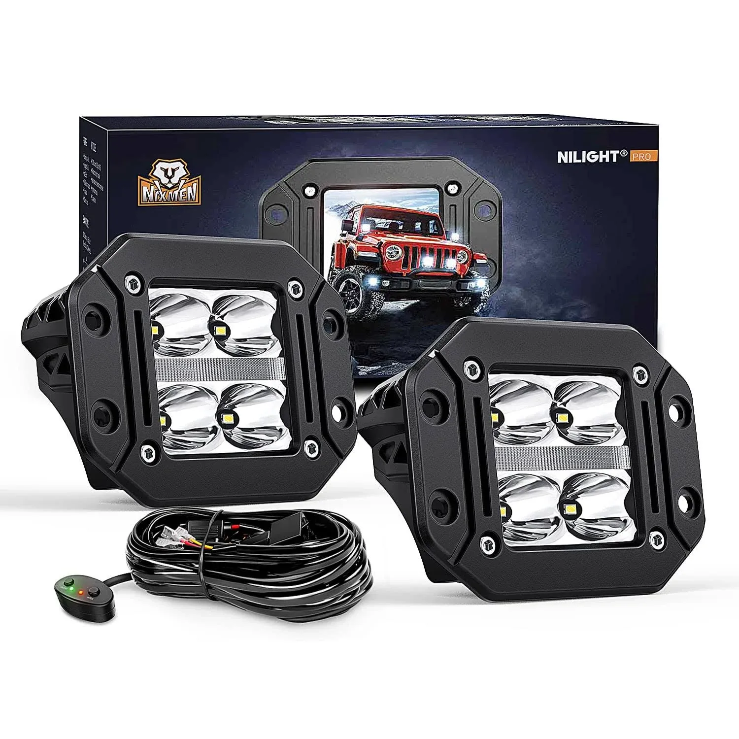 Nilight 2PCS Flush Mount LED Pod Lights with DRL, 4.8Inch Spot Beam 20W 2510LM Backup Reverse Light Offroad Driving Fog Light w/ 16AWG Wiring kit for Offroad 4x4 Truck SUV Jeep