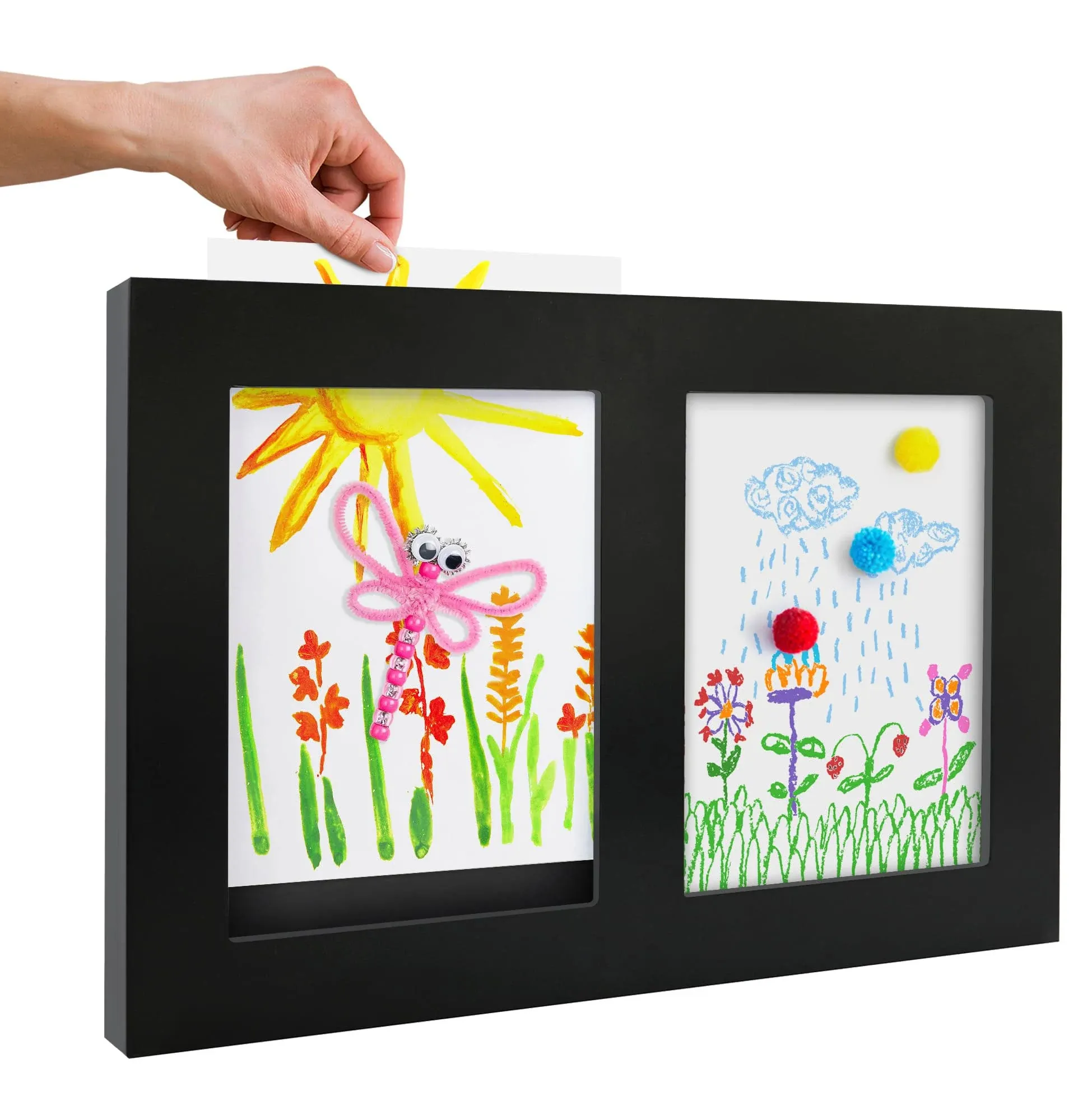 americanflat Slide in Kids Art Frame with Two 8.5x11 Picture Frame openings for Kids Artwork in Black Engineered Wood - Doubl