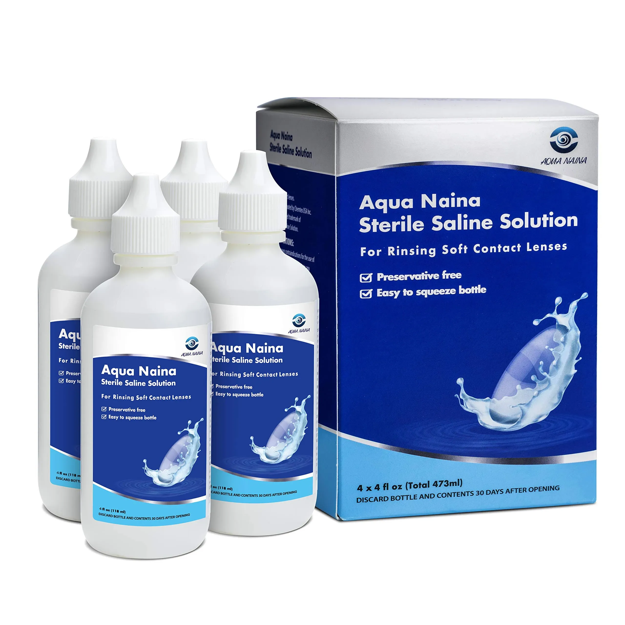 Aqua Naina (4X 4Fl. Oz) - Preservative Free Sterile Saline Solution - Unisol 4 Replacement - Contact Solution for, Rinsing Soft & Hard Contact Lenses. (4 Fl Oz (Pack of 4))