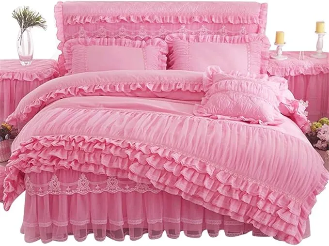 Lotus Karen Pink Princess Duvet Cover Set Full Size Ruffles with Lace Bedding Set ...