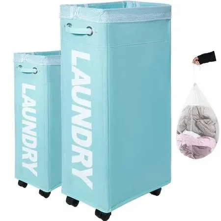 Caroeas 30" Rolling Laundry Basket Slim with Handle on Wheels, Foldable Laundry Hamper, Collapsible Laundry Bag and Organizer, Tall Thin Storage Basket Bin (Light Blue)