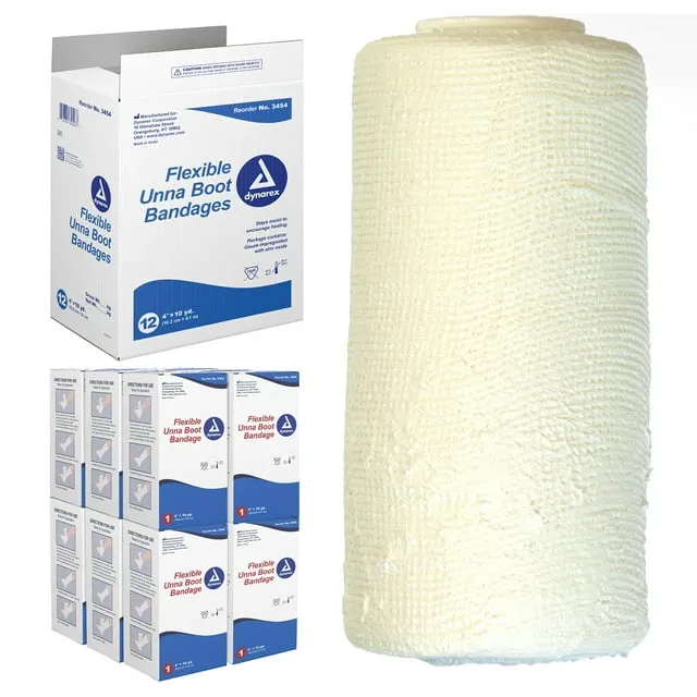 Dynarex Unna Boot Bandage, Individually Packaged, Provides Customized Compression as Treatment for Leg Ulcers with Zinc Oxide, Soft Cast, White, 4” x 10 yds, 1 Bandage