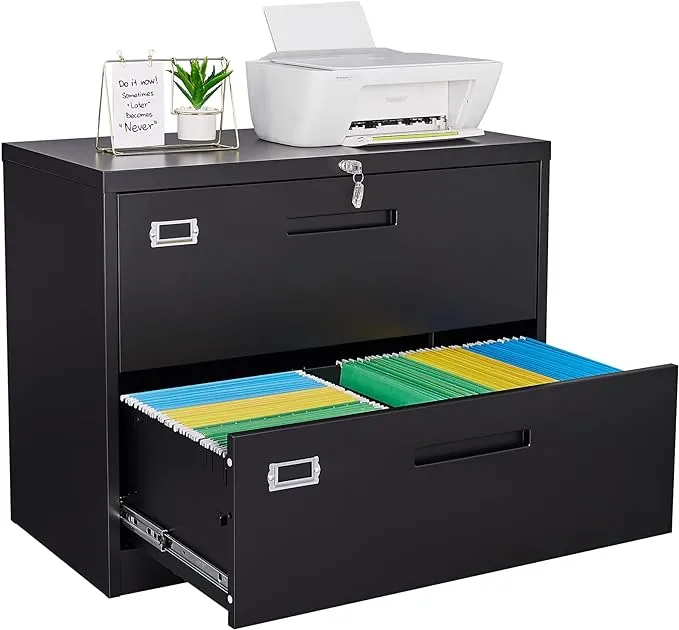 GangMei Black Metal Lateral File Storage Cabinet with 2 Drawers Wide Filing Cabinet for Home Office Steel File Cabinet F