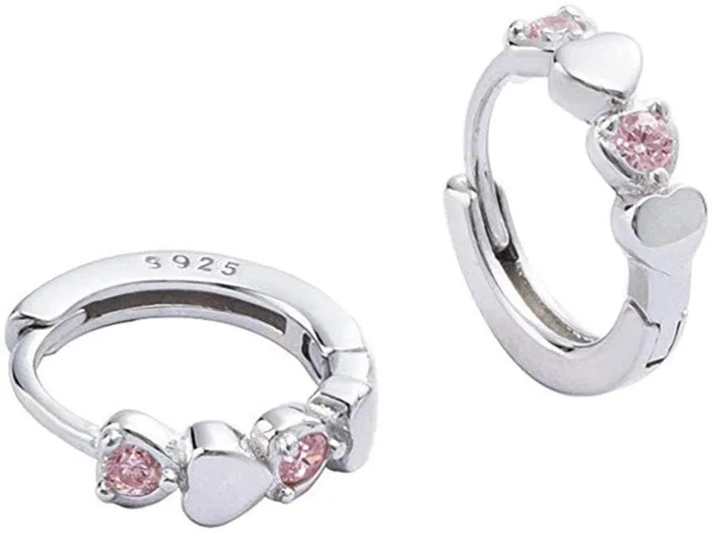 Double Love Heart Cubic Zirconia Small Hoop Earrings for Women Girls 925 Sterling Silver Hypoallergenic Pink CZ Huggie Hoops Cartilage Dainty Jewelry Gifts