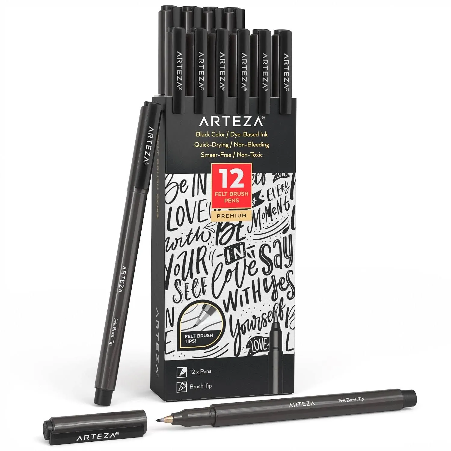 ARTEZA Felt-Tip Brush Pens, Set of 12 Nontoxic Black Marker Pens, Quick-Dry a...