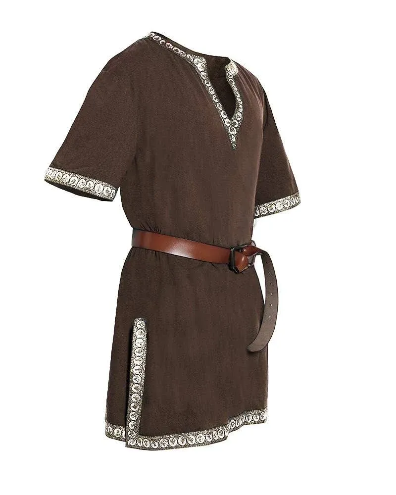 Pretifeel Mens Medieval Knight Tunic Renaissance Mercenary Scottish Costume Warrior LARP Halloween Tops Brown