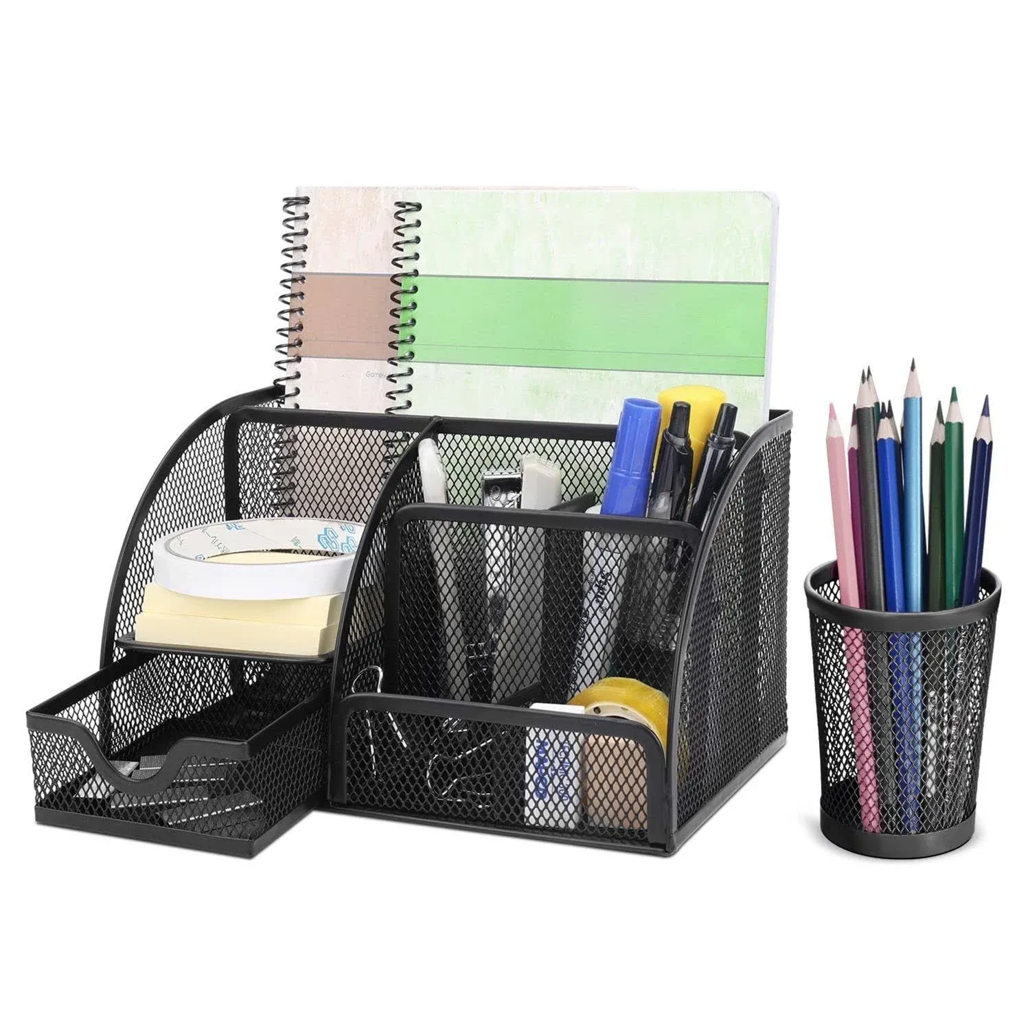 Flexzion Desk Top Caddy Organizer - Black Office Desk Accessories Organizer and Storage - Metal Mesh Desk