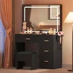 Dwvo Makeup Vanity Table, Vanity Desk Set with Large Mirror and LED Lights, Brightness Adjustable, Vanity with 4 Drawers, Bedroom Vanity Table with