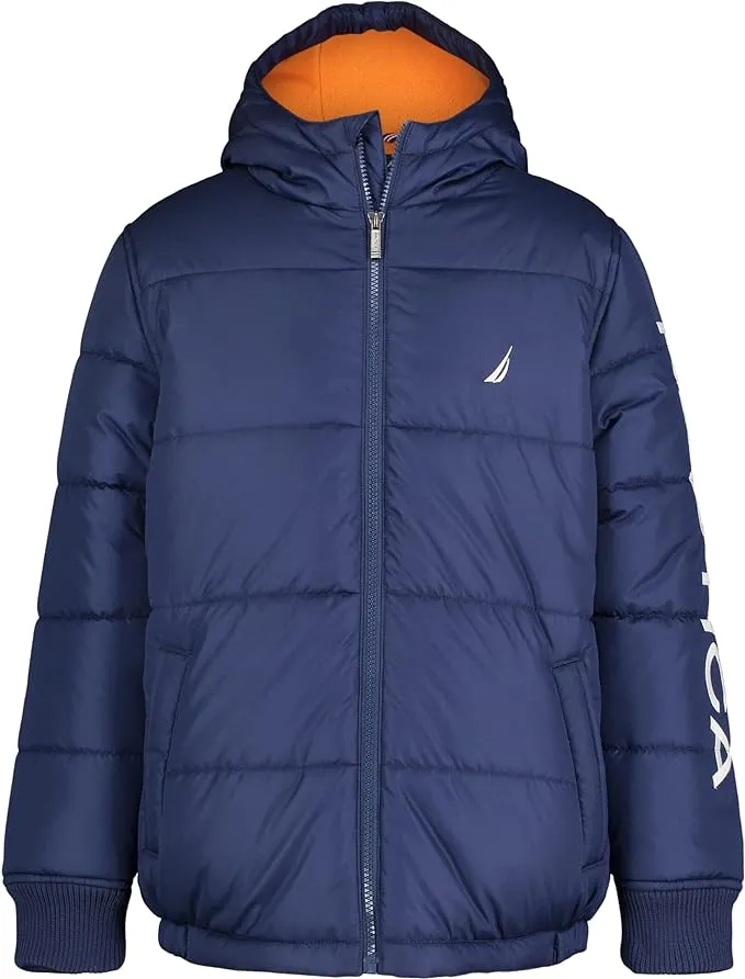 Nautica Boys' Heavyweight Hooded Bubble Jacket with Polar Fleece Lining