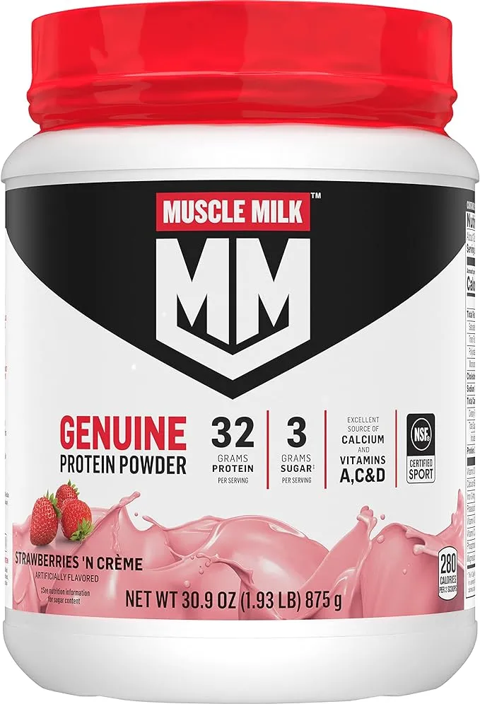 Muscle Milk Genuine Protein Powder, Vanilla Crème, 1.93 Pounds, 12 Servings, 32g Protein, 2g Sugar, Calcium, Vitamins A, C & D, NSF Certified for Sport, Energizing Snack, Packaging May Vary