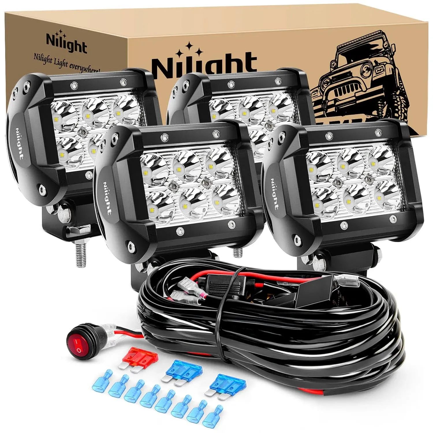 Nilight 4pcs 4 inch 18W Spot LED Light Bars LED Work Lights LED Fog Lights Off ...