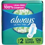 Always Ultra Thin Feminine Pads with Wings for Women, Super Absorbency, Unscented, Size 2, 126 Count