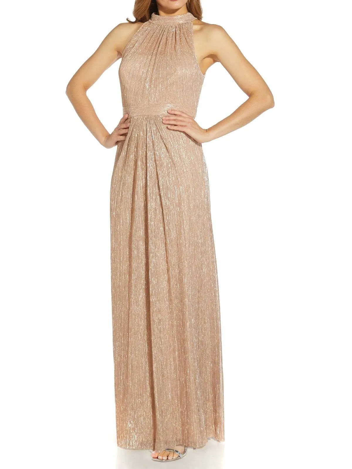 Adrianna Papell Women's Metallic Mesh Gown, Gold, 14